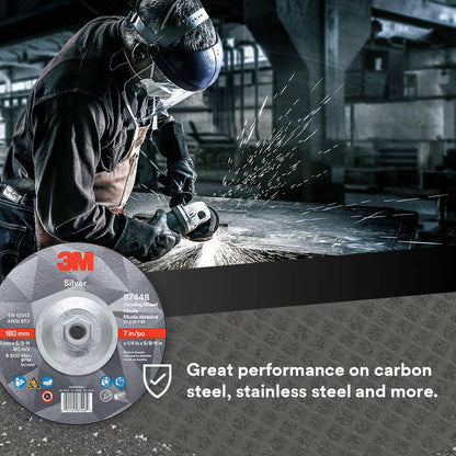 3M Silver Depressed Center Grinding Wheel, 87448, T27 Quick Change, 7 in x 1/4 in x 5/8 in-11, Pack of 10, Deburring Edges, Heavy Stock Removal, Stainless Steel, Mild Steel, Right Angle Grinding
