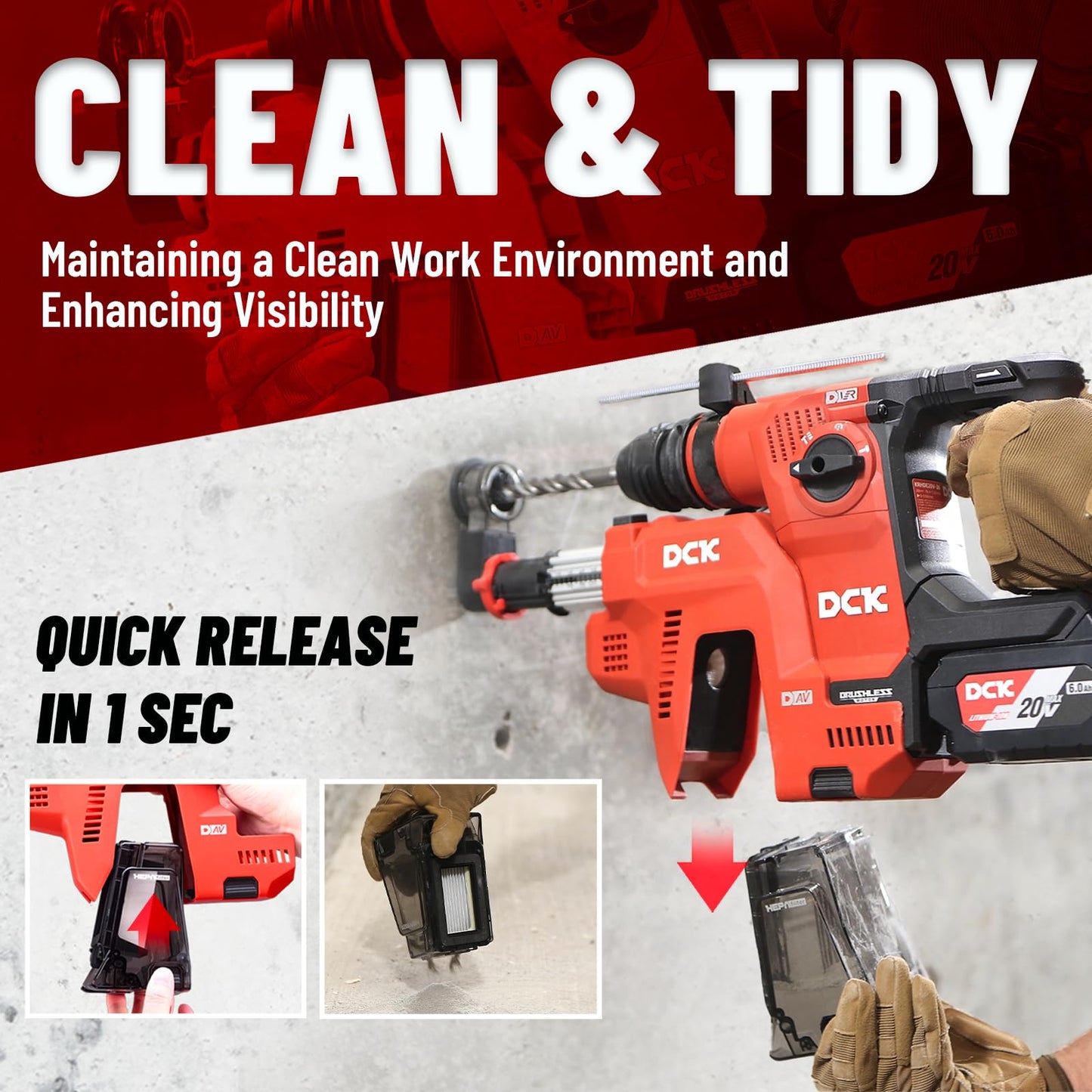 DCK 20V Cordless Rotary Hammer with Dust Collector, 15 in³ Dust Collection Box, 5-Inch Stroke, 2.8J Impact Energy, Brushless SDS Plus Hammer Drill with 6Ah Battery 4A Charger 4 Drill Bits 2 Chisels