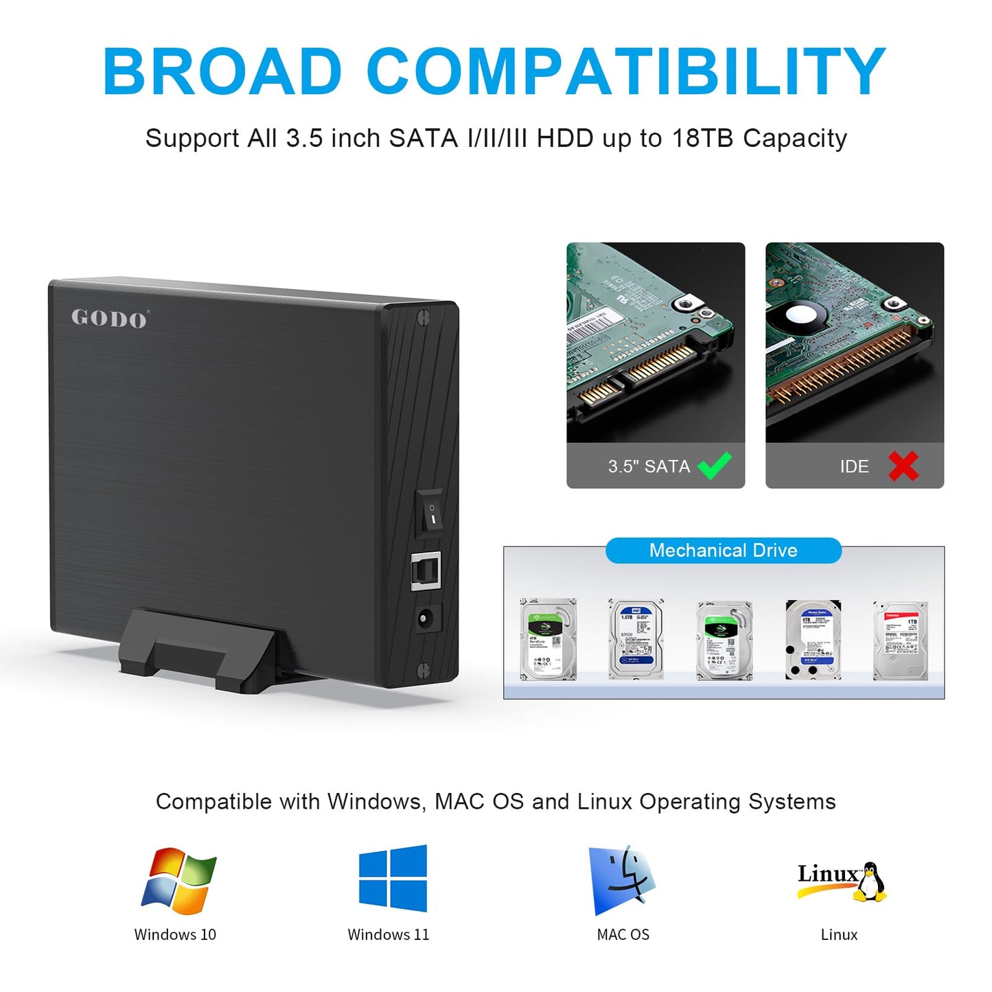 GODO USB 3.0 to 3.5 Inch Hard Drive Enclosure, Vertical External Hard Drive Docking with Stand for 3.5 inch SATA HDD SSD, Aluminum Alloy Drive Case Support Up to 18TB with UASP,Power Adapter