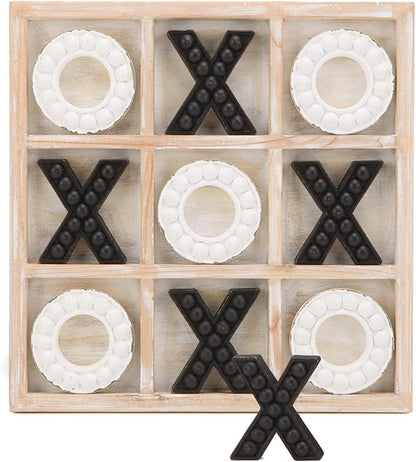 NIKKY HOME Tic Tac Toe Game Coffee Table Decor 10.6 Inch Rustic Wooden Board Black &amp White