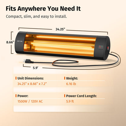 EAST OAK Electric Patio Heater | 1500W Wall Mounted Infrared Heater for Outdoor, Garage, Backyard, Restaurant | 24H Timer, IP65 Waterproof | 3 Heat Levels & Overheating Protection | Black