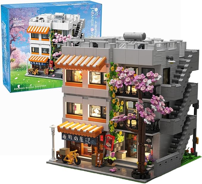 Japanese Apartment Building Street View Building Blocks Set - 3-Story Japan Cherry Blossom Architecture House with 5 Figures &amp LED Lights Christmas Bithday Gift for Aduls（3910PCS）