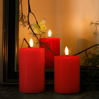 JOIONE Flameless Pillar Candles with Remote, 3 Pack Battery Operated Real Wax LED Candles, Perfect for Home Decorations Fireplace Table, Red
