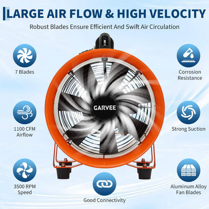 8 Inch Utility Blower Fan, Portable Air Mover Blower Fan with 32.8 ft Flexible Duct Hose, 1100 CFM Low Noise Portable Industrial Exhaust Fan/Extractor/Ventilator for Basements Workshops Warehouses