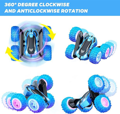 KKONES Remote Control Car 2.4GHz Double Sided 360° Flips Rotating Electric Race RC Stunt Car LED Wheel &amp Headlight High Speed Off Road Cars Toy Gift for 3 4 5 6 7 8-12 Year Old Boy Toys (Blue)