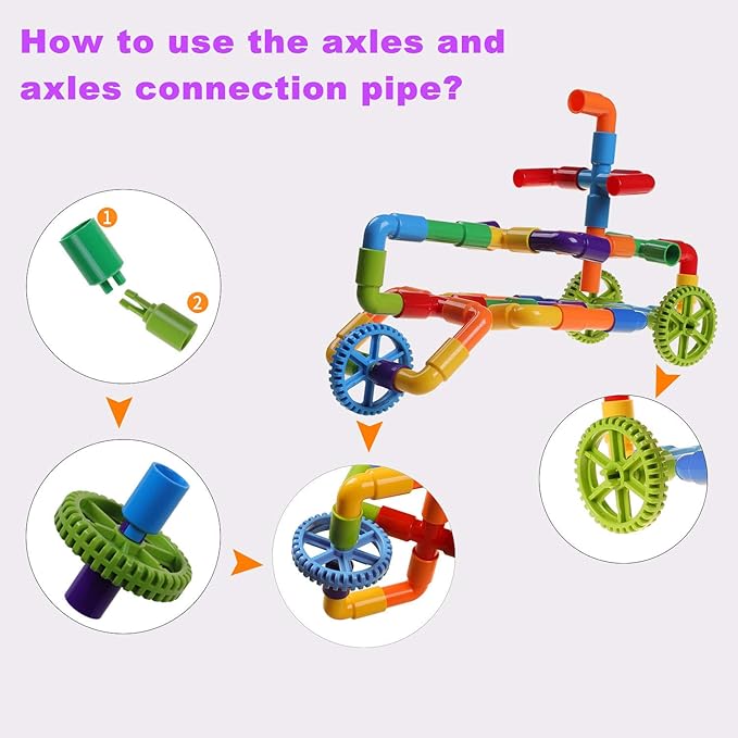 burgkidz STEM Learning Pipe Tube Construction Building Blocks Sensory Toys with Wheels Baseplate for All Ages Kids Boys Girls 188 Pcs