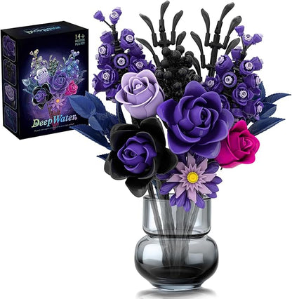 Purple Rose Bouquet Building Set Artificial Floral Building Toys for Gothic Home Decor Ideal Gift for Halloween &amp Christmas Compatible with Lego Flower Set for Adults Women and Teen Girls
