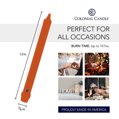 Colonial Candle Unscented Taper Candle, Classic Collection, Pumpkin, 12 in, Pack of 12 - Up to 10 Hours Burn