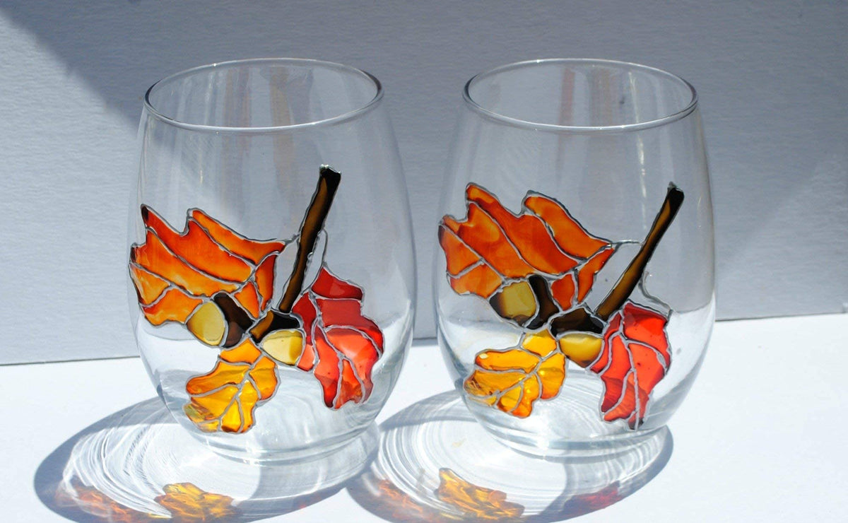 Oak Leaves Acorns Stemless Hand Painted Wine Glasses Set 2 Fall Decor
