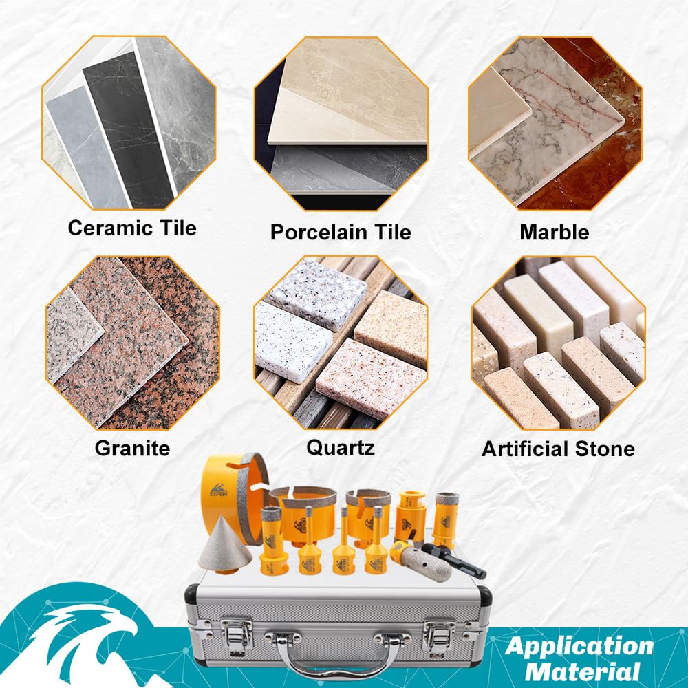 EXFEIN Diamond Tile Hole Saw Kit 12pcs and EXFEIN Masonry Diamond Drill Bits - 10pcs Concrete Diamond Hole Saw Set for Wood Plastic Brick Ceramic Tile Tip Carbide Drill Bit with Triangle Shank