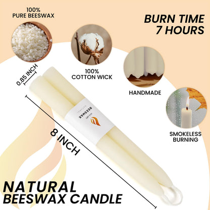 AGLARY 10 Pack White Pure Beeswax Taper Candles 8-Inch, Unscented with Cotton Wicks - Air Purifying, Recyclable Paper Box.