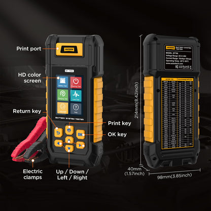 AUTOOL BT760 Automotive Battery Tester with Thermal Printer – 12V/24V Car & Motorcycle Battery Checker, Cranking & Charging Test, Reverse Polarity Protection, HD Color Display