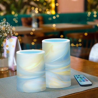 BOENLE Flickering Flameless Candles, Blue Gold Marble LED Candles with Remote Timer, Set of 2 Battery Operated Candle for Valentine Wedding Birthday