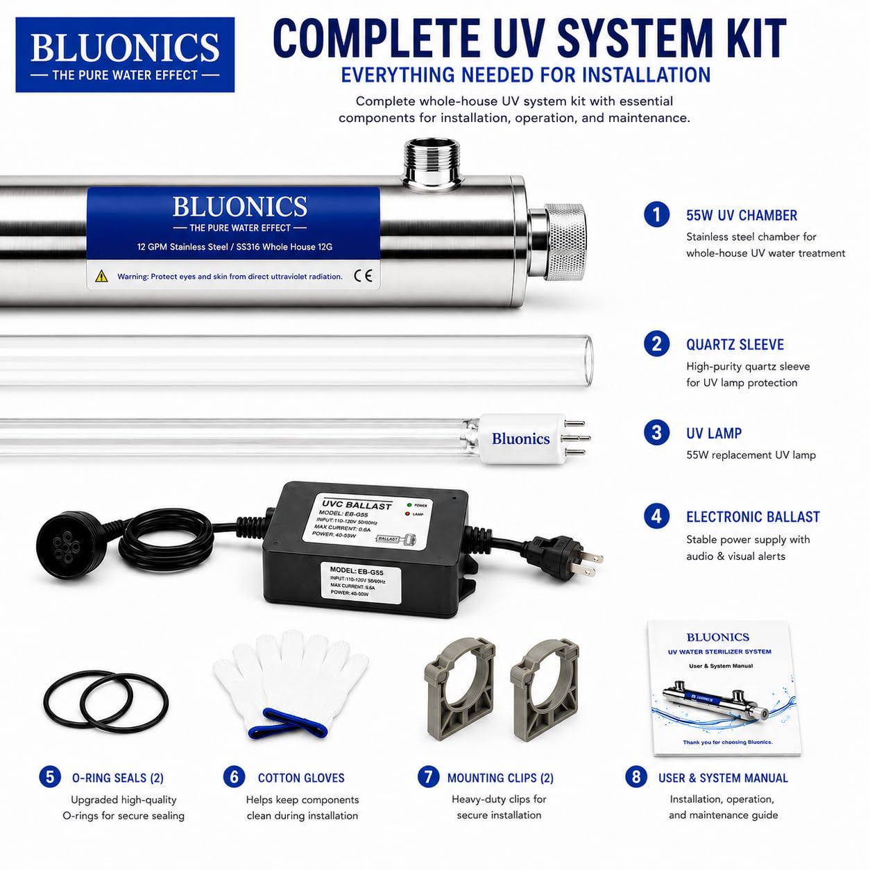 Whole House UV Water Filter System 12 GPM – 55W Stainless Steel UV Light System – LED Indicator & Audible Alarm – for Well & City Water – Includes 2 Extra Bulbs – Bluonics