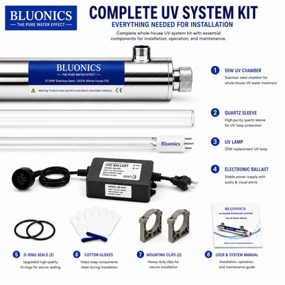 Whole House UV Water Filter System 12 GPM – 55W Stainless Steel UV Light System – LED Indicator & Audible Alarm – for Well & City Water – Includes 2 Extra Bulbs – Bluonics