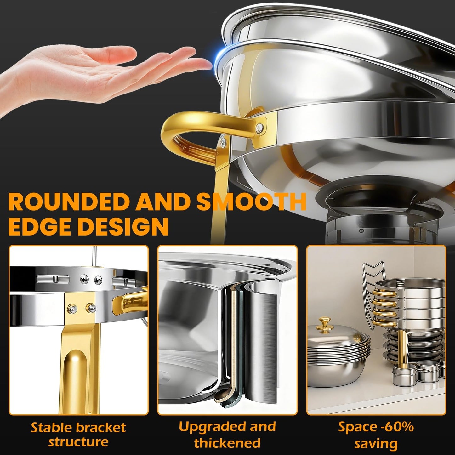 POWERFUEL Chafing Dishes for Buffet, 4 Pack 6QT Round Stainless Steel Chafers Sets with 4 Serving Tongs, Rolled-Edge Food Warmers for Parties, Catering, Weddings, Events Dinners