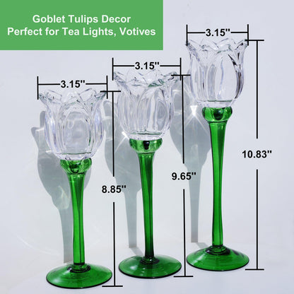VOHO Tulips Glass Clear Candle Holder Decor for Home Living Room, 3pcs Varying Heights Tealight Candle Holder Wedding Centerpieces for Tables, White Flower Tall Votive Candle Holders Gifts for Friends