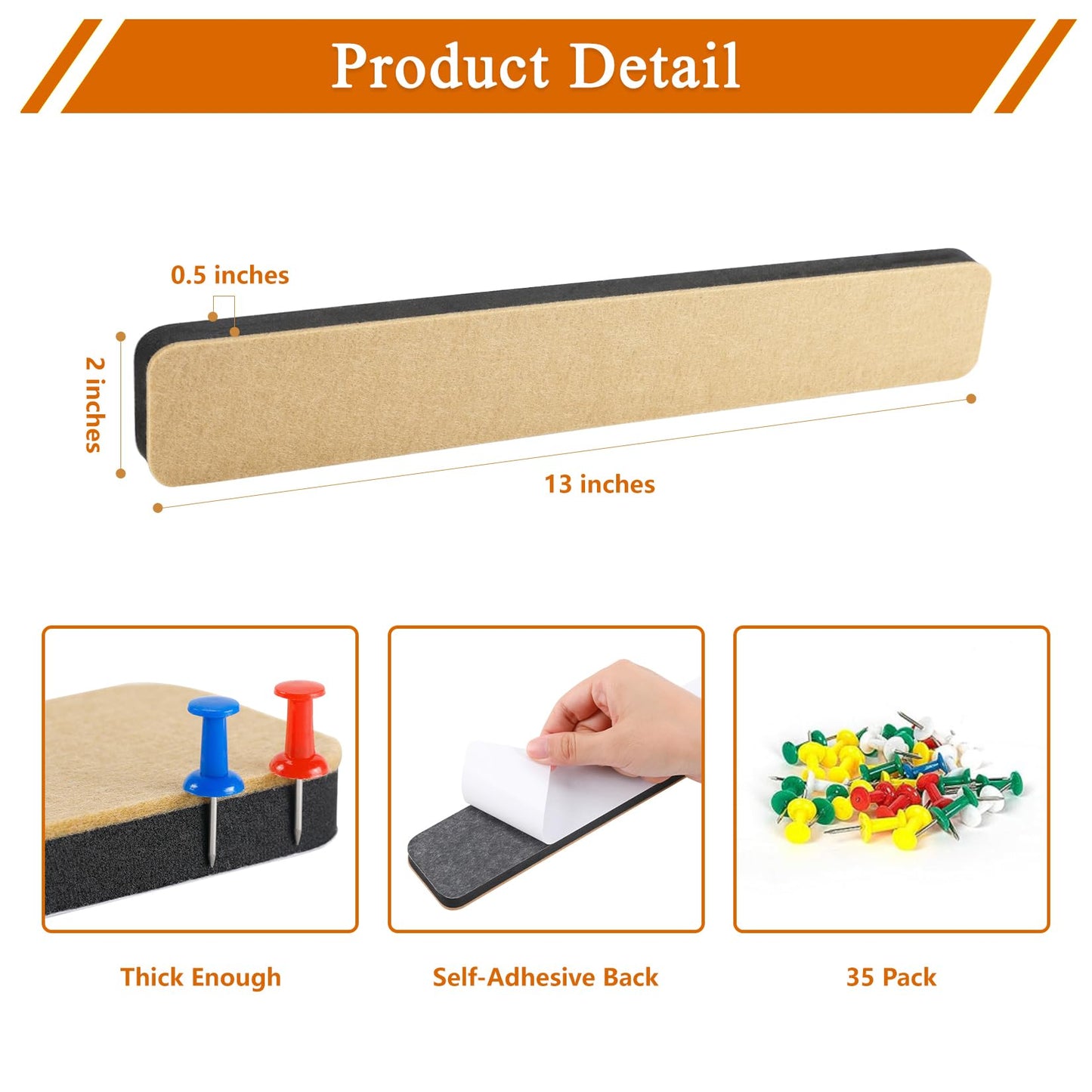 HULAVO 8Pcs Rectangle Felt Cork Board Bar Strips with 35 Pushpins, Self-Adhesive Bulletin Board Strips for Office School Home Wall Decor Stickers Memos Schedules Photos Display -Gradual Brown