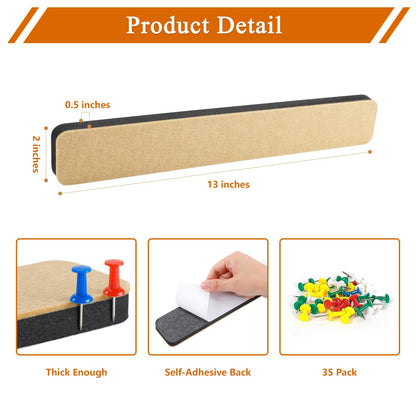 HULAVO 8Pcs Rectangle Felt Cork Board Bar Strips with 35 Pushpins, Self-Adhesive Bulletin Board Strips for Office School Home Wall Decor Stickers Memos Schedules Photos Display -Gradual Blue