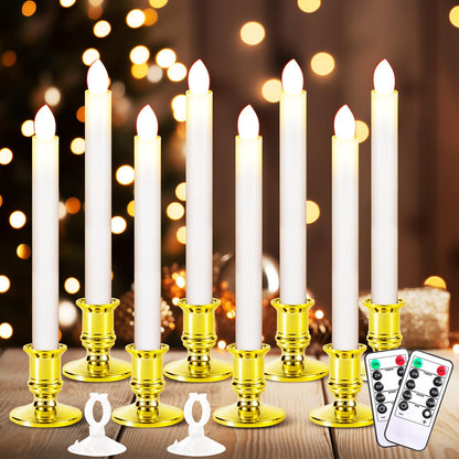Qmioti 8 Pack Christmas Window Candles, Battery Operated Window Candles with Timer Remote, LED Window Candle with Candle Holders Suction Cupsfor Christmas Decorations, Gold