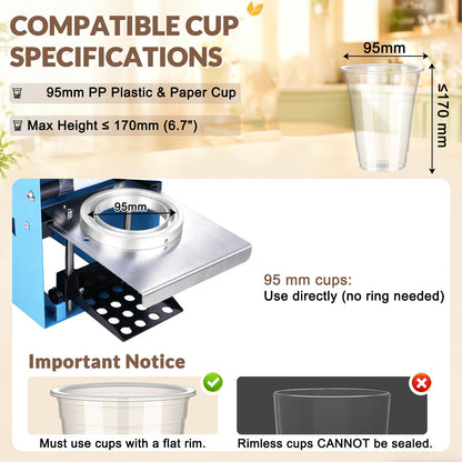 JIAWANSHUN Manual Cup Sealing Machine 300-500 Cups/Hour Electric Cup Sealer for 180mm Tall & 95mm Cup 110V
