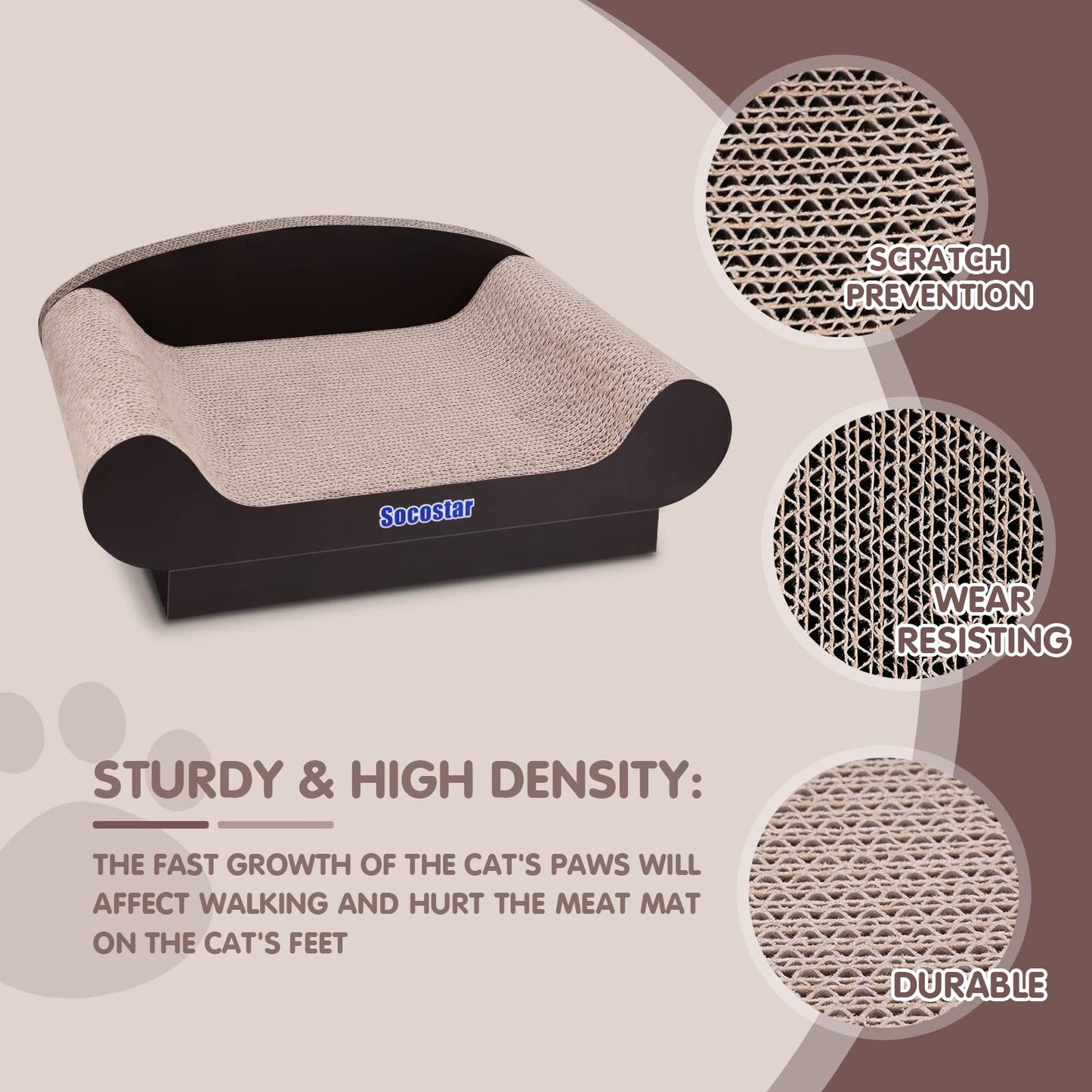 Socostar Cat Couch Bed Pad, Cardboard Cats Scratcher Furniture with Catnip, Large Scratch Sofa for Indoor Cats, Wear Resistant and Durable Cat Scratching Board