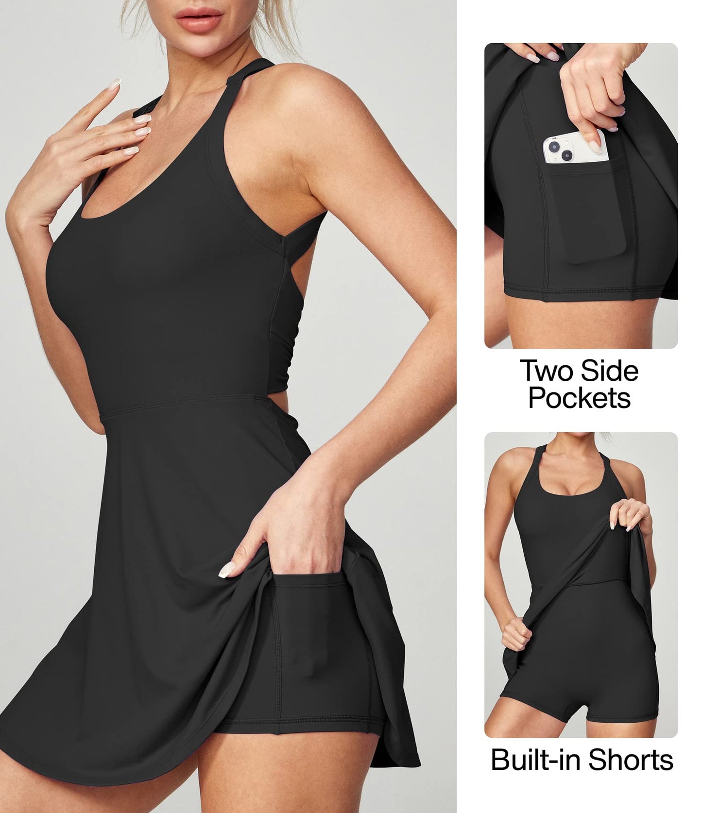 Heathyoga Tennis Dress with Built in Shorts and Bra Athletic Dress for Women Summer Cut Out Twisted Golf Workout Dress Black