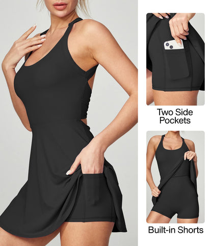 Heathyoga Tennis Dress with Built in Shorts and Bra Athletic Dress for Women Summer Cut Out Twisted Golf Workout Dress Black