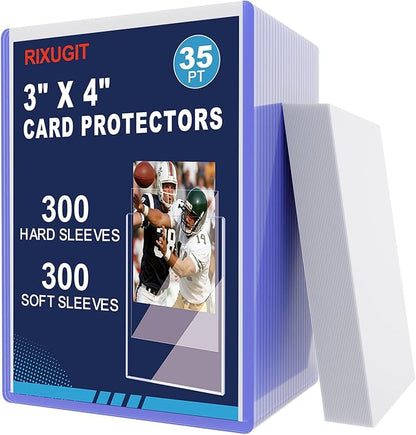 600 Hard Plastic Trading Card Protector - 300 Hard Card Sleeves and 300 Soft Card Sleeves 35pt Rigid 3x4 Card Holders Clear Open-Top Card Sleeve Fits Standard Trading Baseball Sport Game Cards