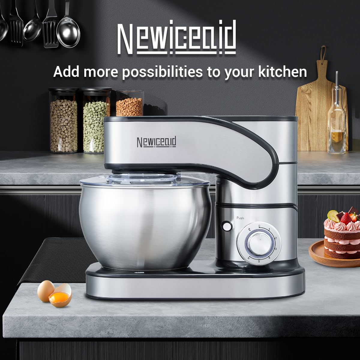 Newiceaid Stainless Steel Stand Mixer, 6-Speed Tilt-Head Mixer with 700W Powerful Motor, 7.4QT Large Capacity Bowl, Electric Kitchen Mixer with Dough Hook, Beater, Whisk for Baking & Dough Making