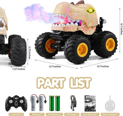 DYODYORC Remote Control Car 2.4Ghz All Terrain Dinosaur Monster Truck Toys RC Truck with Spay Music 3 Lighting Effects Stunt Capable Toy Gifts for Boys and Girls (Beige)