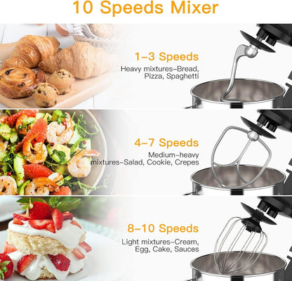 PeakPursuit 7.5QT Stand Mixer, 10-Speed Tilt-Head Electric Food Mixer with Stainless Steel Bowl, 660W Motor, Dough Hook, Whisk & Beater, Compact Design for Home Baking,Black