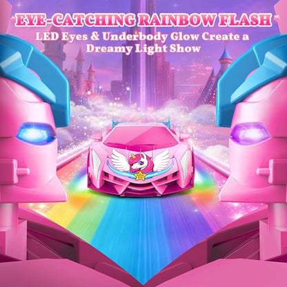 Unicorn Transform RC Cars for Girls Toys with Rainbow Eyes &amp Underbody Lights Fast 360°Rotation &amp 2.4GHz Robot Remote Control Car One-Button DeformationEaster Basket Stuffers for 3-12 Year O