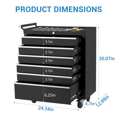 EliteEdge 24 Inch 6-Drawer Rolling Tool Chest, Heavy Duty 16-Gauge Steel Tool Cabinet with 4 Locking Casters & Central Lock, Ball Bearing Drawers for Garage Workshop Organization