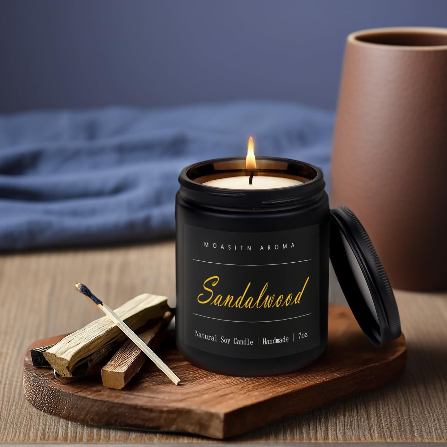 MOASITN Sandalwood Scented Candles for Home| Leather,Sandalwood,Amber Scented Soy Candle| Handmade Longlasting Aromatherapy Candle| Jar Candel Gift for Women,Men for Spring,Birthday,Relaxing|7oz