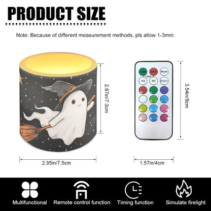Merkmak Halloween Flameless Candles with 18-Key Remote Battery Operated Candles with Timer, Cute Ghost Print 4 Pack Flameless Pillar Tea Lights for Party Banquet Home Decorations