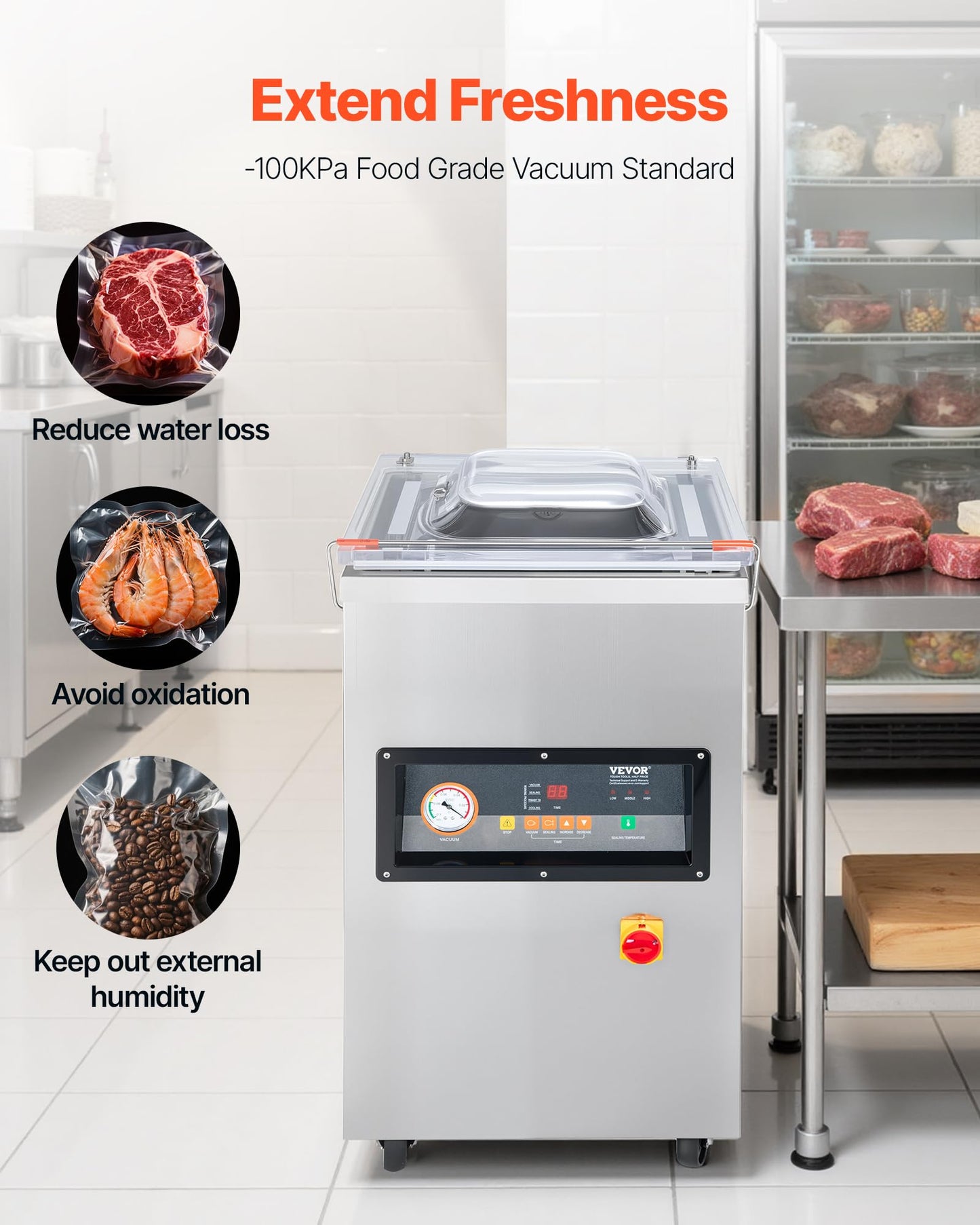 VEVOR Chamber Vacuum Sealer, 100kPa Powerful Vacuum Sealing Machine, LED Screen, One-Touch Compact Meat Packing Machine with 2 Sealing Strips & 60 Vacuum Bags, for Dry & Wet Food Preservation