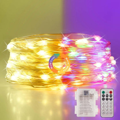 Ariceleo 1 Pack Warm White & Multi-Color Battery Operated String Lights, 5M/16.4ft. 50 LEDs Remote Control Timer 12 Modes Optional Twinkle Battery Powered Fairy Lights Sliver Wire Firefly Lights