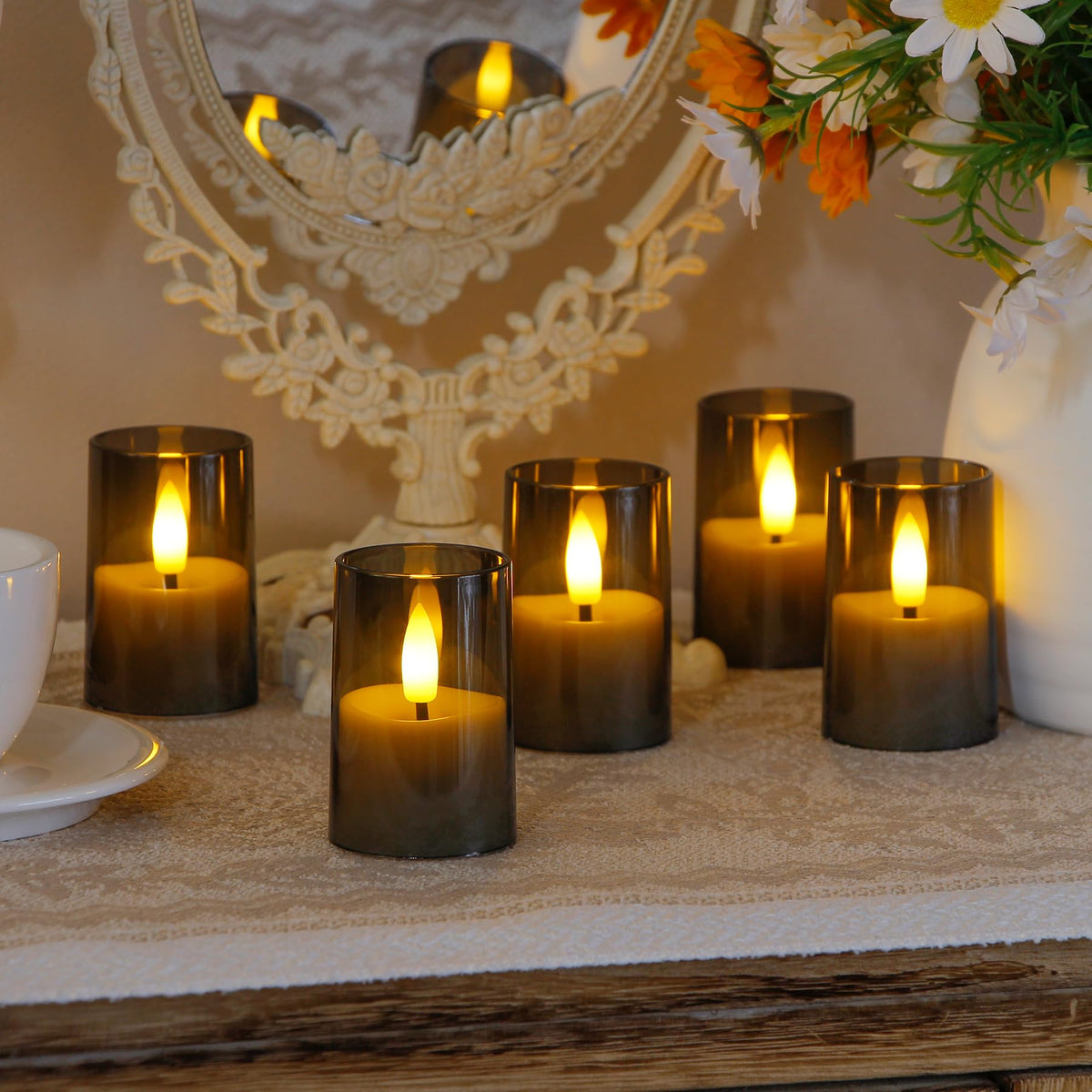 Zevanor Flameless Small Tea Light LED Candles, Acrylic Battery Operated Votive 1.7" x2.5" with Remote Control and Timer, Tealight Grey Flickering Warm Light Pack of 8 Electric Long Lasting