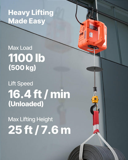 VEVOR 3-in-1 Electric Hoist Winch, 1100 lbs Capacity, 1500W Portable Electric Power Winch, 25 ft Lifting Height, 16.4 ft/min with Manual, Wired & Wireless Remote Control for Factory, Warehouss, Garage