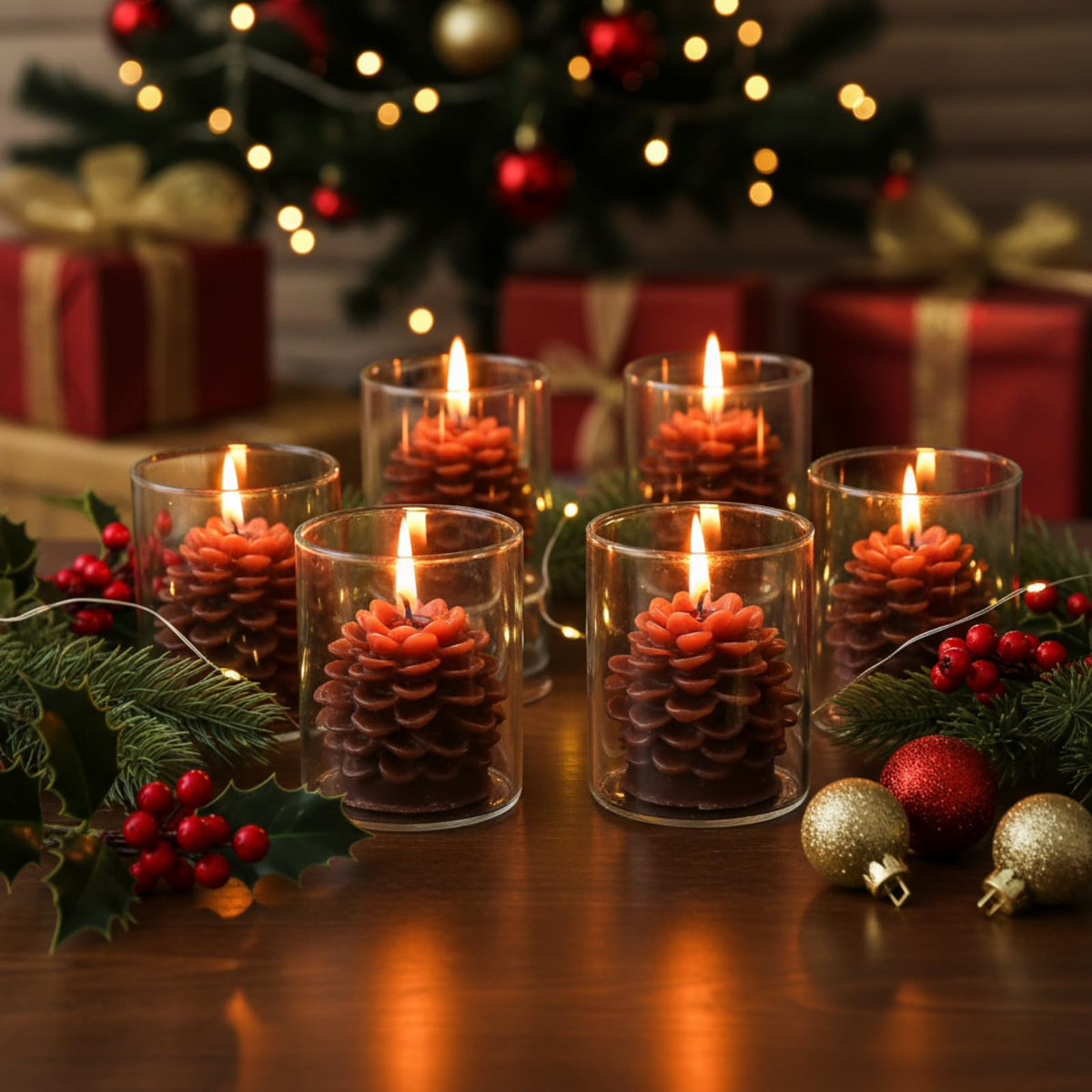 Riakrum 6 Sets Pine Cone Candles Flammable Acorn Decor with Straight Glass Container Real Wax Unscented Candle for Winter Holiday Decoration