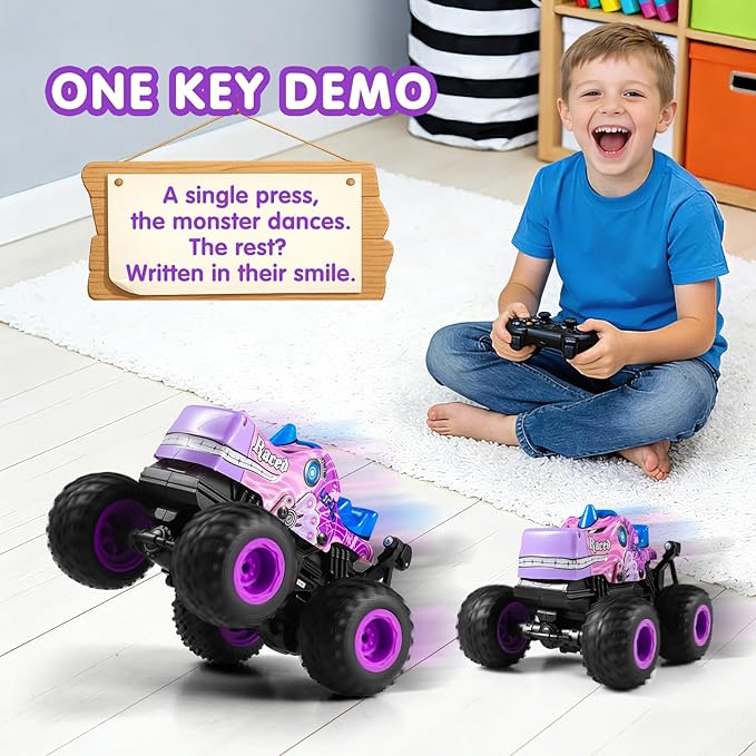 DYODYORC Remote Control Car 2.4Ghz All Terrain Monster Truck RC Truck with Music 3 Lighting Effects 360 Stunt Capable 2 Batteries Ready to Run Toy Gifts for Boys and Girls (Pink)