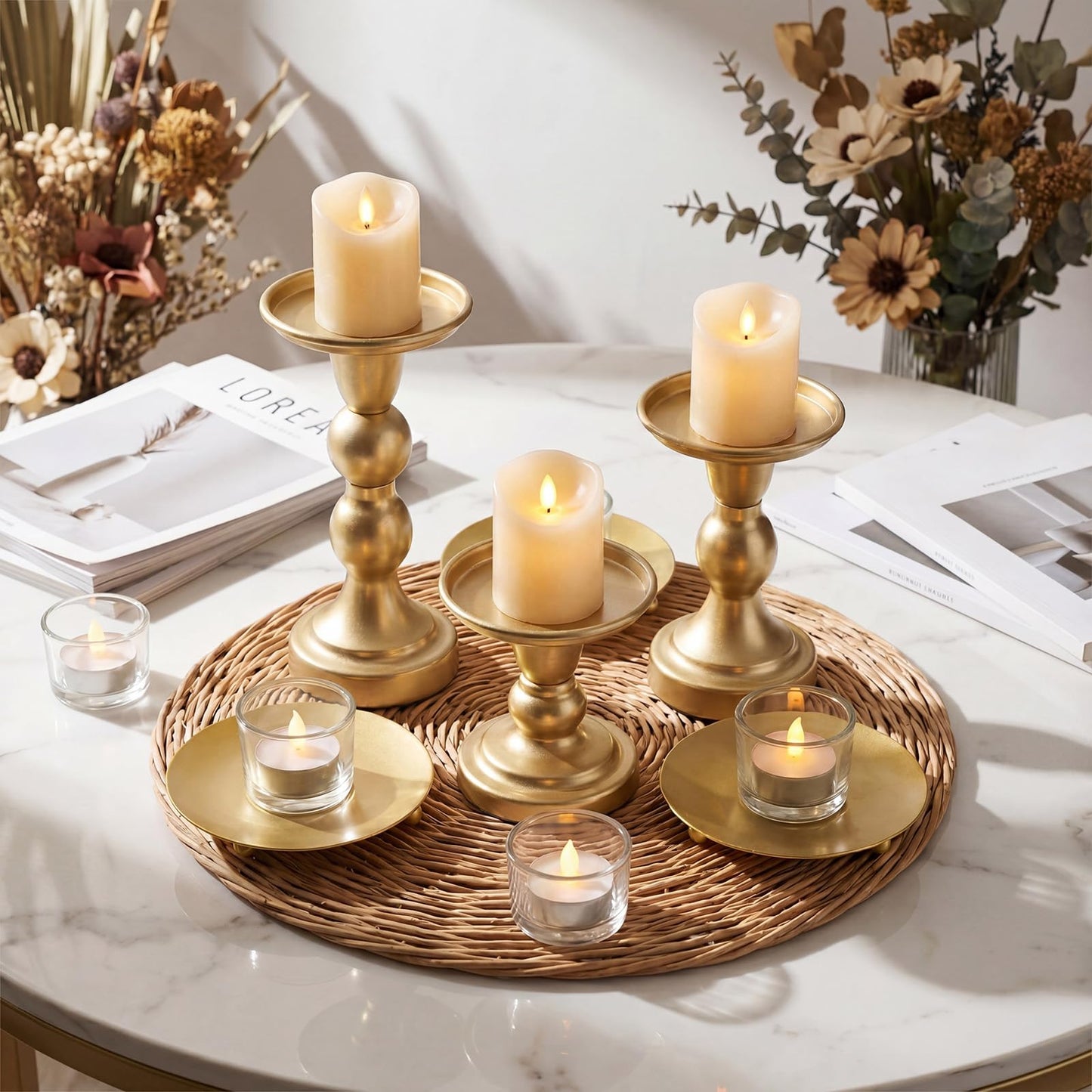 Vesici 12 Pcs Candlestick Holder Plate Pillar Candle Holder Candles Stand Decorative Centerpieces for Table Wedding Events Party Living Room Housewarming Gift(Baking Paint,Size 2,Gold)
