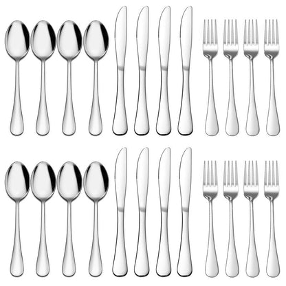 E-far Forks, Spoons and Knives Set for 8, 24 Pieces Stainless Steel Silverware, Food Grade Flatware Cutlery for Home Kitchen Restaurant, Mirror Finish, Dishwasher Safe