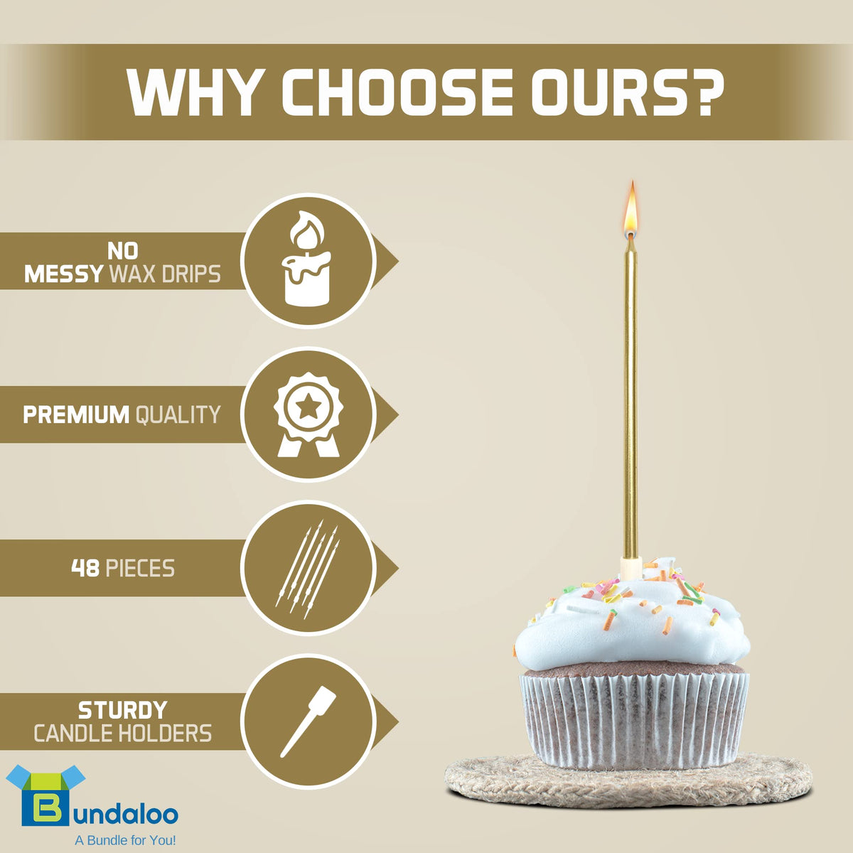 Bundaloo Gold Birthday Candles for Cake - Set of 48 with Plastic Holders - 5.5" Long, 0.20" Thickness