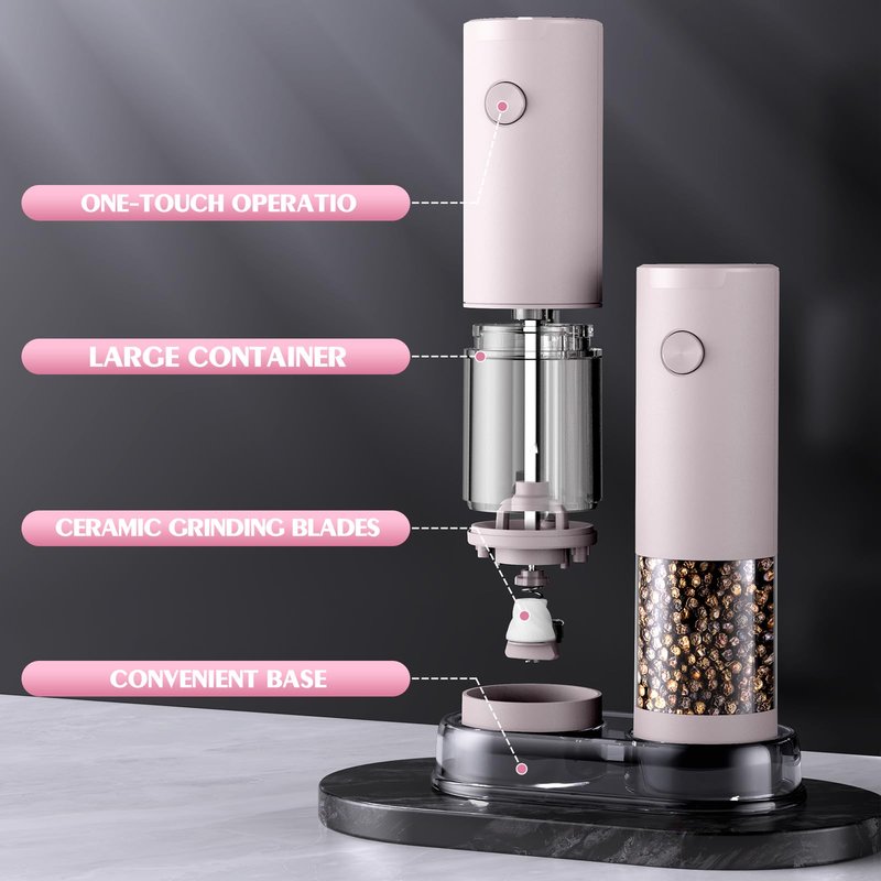 1 Pack Salt and Pepper Grinder-Birthday Gifts for Mom Automatic Battery Upgraded Larger Capacity Pink Salt Pepper Set New Apartment Gifts for Housewarming