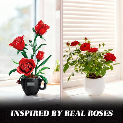 Red Roses Flowers Building Block Set with Coffee Cup Vase for Adults Compatible with Lego Flower 450PCS Rose Botanical Collection Kit for Valentine's Day Home Decor Gift for Girlfriend/Wife/Mom