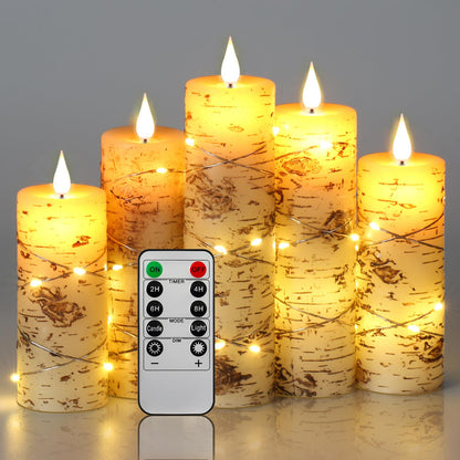 Da by 5 Pack Birch Bark Real Wax Flameless Taper Candles, Lifelike Flickering LED Candles with Copper String Lights, Battery Operated Candles with Remote for Farmhouse Wedding Home Decor