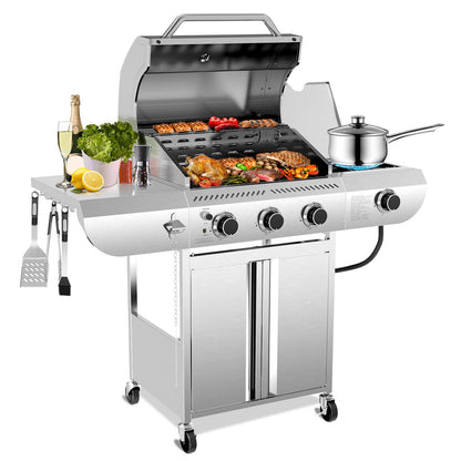 34,000 BTU 3-Burner Propane Gas Grill with Side Burner, All Stainless Steel BBQ Grill, Cast Iron Grates & Portable Cart with Wheels，Outdoor Barbecue Grill for Backyard, Patio, Camping (G31 PRO)