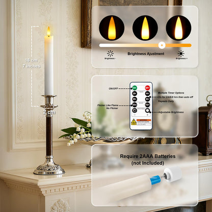 Meigic 7 Inches Flameless Taper Candles with Remote Timer, Real Wax White Short Led Candlesticks, 3D Wick Light Battery Operated Candlesticks for Christmas Home Wedding Table Decor, 12 Pcs